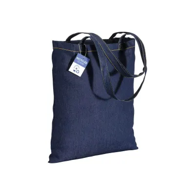Geantă de cumpărături din denim din bumbac reciclat, 80 g/m², cu mânere lungi – cu logo-ul firmei