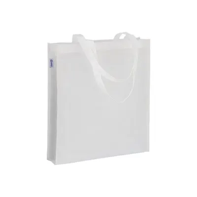 Pungă de cumpărături din R-pet de 80 g/m², cu mânere de 65 cm lungime și pliu lateral – cu logo-ul firmei