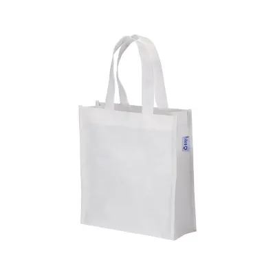 Pungă de cumpărături mini din R-PET de 80 g/m², cu mânere scurte și pliu lateral – cu logo-ul firmei