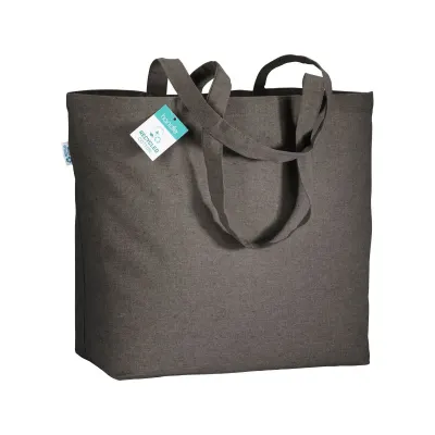 Pungă de cumpărături din bumbac reciclat, de 190 g/m², cu mânere lungi și pliu lateral – cu logo-ul firmei