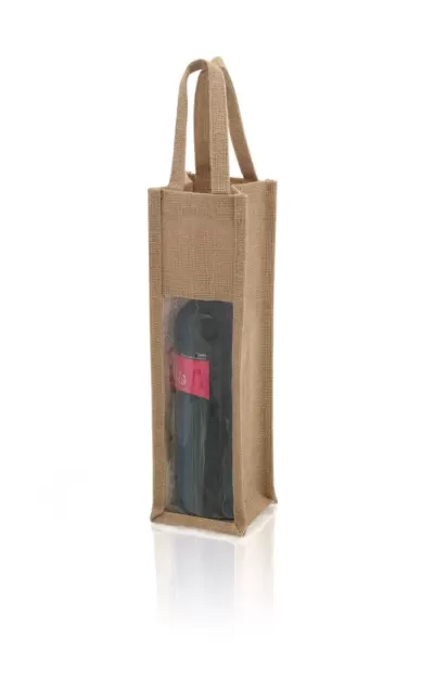 Sacoșe textile iuta pentru o sticla de vin cu fereastra