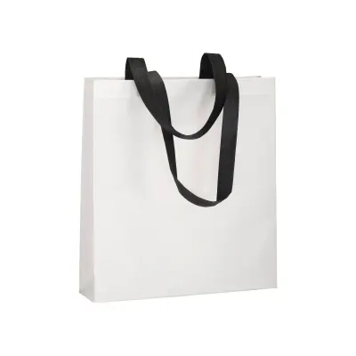 Pungă de cumpărături din material nețesut de 80 g/m², sigilată termic, cu pliu lateral și mânere lungi din non-woven (nețesut) – cu logo-ul firmei