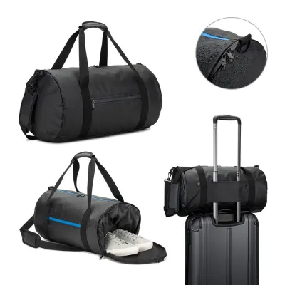 Geantă sport cilindrică din poliester reciclat 600D de înaltă densitate cu compartiment lateral pentru pantofi Osasco Sport – cu logo-ul firmei