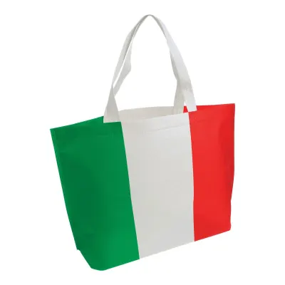 Pungă de cumpărături din material nețesut, sudată termic, cu pliu de lărgire, cu mânere lungi și imprimeu tricolor – cu logo-ul firmei