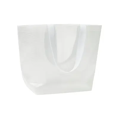 Pungă de cumpărături transparentă, laminată, din PP, 110 g/m². Mânere lungi din poliester colorat și pliu de lărgire – cu logo-ul firmei