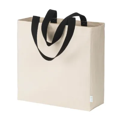 Geantă de cumpărături maxi din bumbac reciclat, 280 g/m², de culoare naturală, cu mânere colorate – cu logo-ul firmei