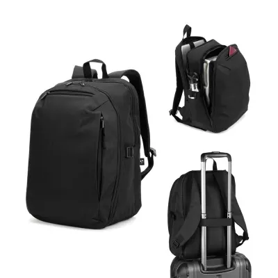 Rucsac cu un compartiment cu deschidere completă din poliester reciclat 300D de înaltă densitate, 16" Udine – cu logo-ul firmei