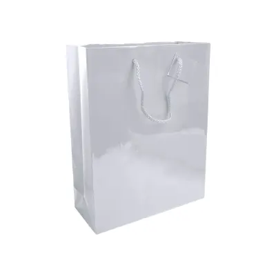 Pungă de cumpărături din hârtie laminată de 157 g/m², cu pliu lateral și întărire la bază, cu mânere din sfoară – cu logo-ul firmei