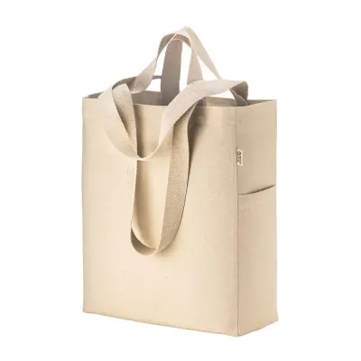 Geantă de cumpărături din pânză de bumbac reciclată, de 280 g/m², cu mânere duble și pliu de lărgire – cu logo-ul firmei