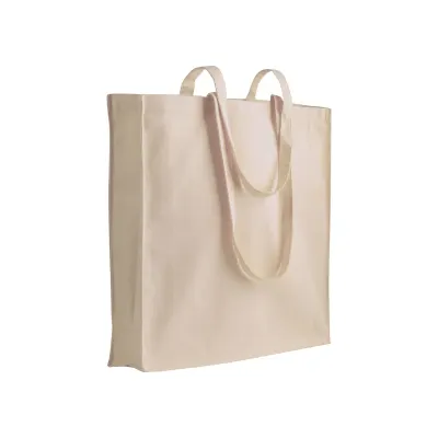 Geantă de mână în culori uni, confecționată din bumbac reciclat de 280 g/m². Cu pliu lateral din poliester – cu logo-ul firmei