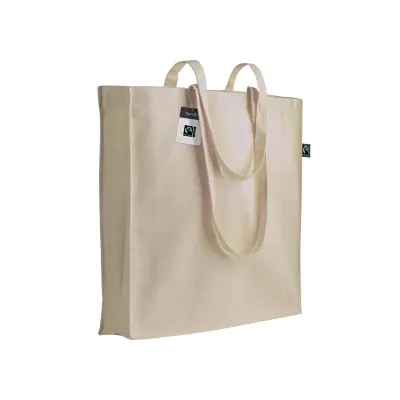 Pungă de cumpărături Fairtrade® de 140 g/m², cu mânere lungi și pliuri – cu logo-ul firmei