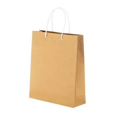 Pungă din hârtie reciclată de 150 g/m², cu pliu lateral și mânere scurte colorate din bumbac reciclat – cu logo-ul firmei