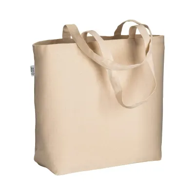 Sacoșă textilă de cumpărături din bumbac organic, 220 g/m², cu mânere lungi și întăritură la fund