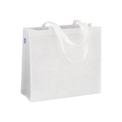 Pungă de cumpărături din R-PET de 80 g/m², cu mânere lungi și pliu lateral – cu logo-ul firmei