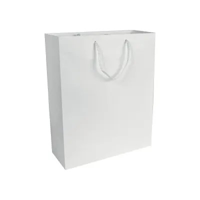 Pungă de cumpărături din hârtie laminată mată de 157 g/m², cu pliu lateral și întărire la bază – cu logo-ul firmei