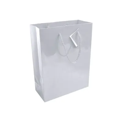 Pungă de cumpărături din hârtie laminată de 157 g/m², cu pliu lateral și întărire la bază, cu mânere din sfoară – cu logo-ul firmei