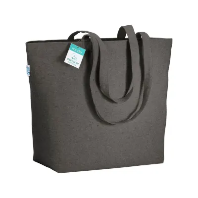 Sacoșă textilă de cumpărături din bumbac reciclat, 280 g/m², cu mânere lungi și pliu lateral
