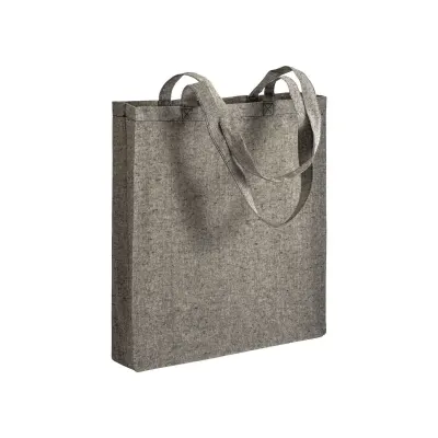 Pungă de cumpărături din bumbac reciclat, 150 g/m², cu efect melanj, mânere lungi și pliu lateral – cu logo-ul firmei