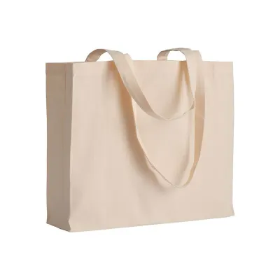 Pungă de cumpărături din bumbac de 200 g/m², cu mânere lungi și pliu lateral – cu logo-ul firmei