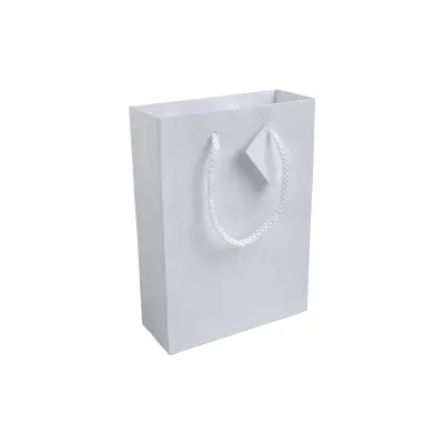 Pungă de cumpărături din hârtie laminată de 157 g/m², cu pliu lateral și întărire la bază, cu mânere din sfoară – cu logo-ul firmei
