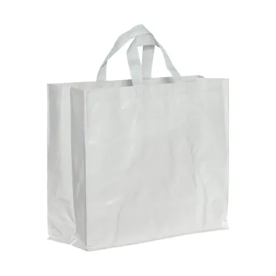 Pungă de cumpărături din PP laminat reciclat, de 120 g/m², cu pliu lateral și mânere scurte – cu logo-ul firmei