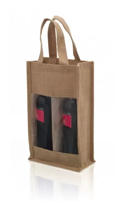 Sacoșe textile iuta pentru doua sticle de vin cu fereastra