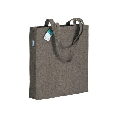 Pungă de cumpărături din bumbac reciclat, 280 g/m², cu mânere lungi și pliuri de întărire – cu logo-ul firmei