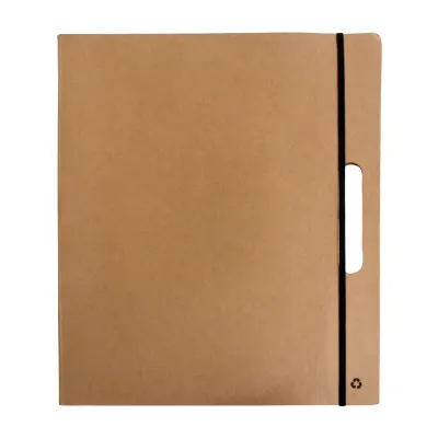Dosar pentru blocnotes din hârtie reciclată, conținând bilețele adezive și un stilou din carton, blocnotes cu linii – cu logo-ul firmei