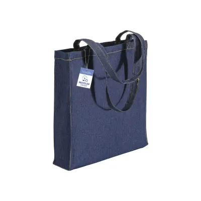 Geantă de cumpărături din denim din bumbac reciclat, 180 g/m², cu mânere lungi și pliu lateral – cu logo-ul firmei