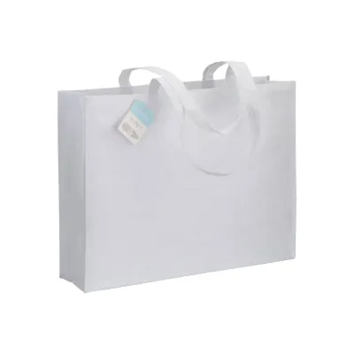 Pungă de cumpărături R-Pet (din plastic reciclat) cu pliu lateral și mâner lung – cu logo-ul firmei