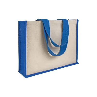 Geantă de cumpărături din pânză și iută, cu pliu lateral – cu logo-ul firmei