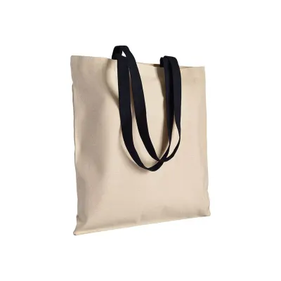 Pungă de cumpărături din bumbac natural, de 220 g/m², cu mânere lungi colorate – cu logo-ul firmei