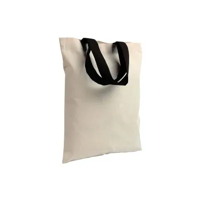 Pungă de cumpărături mini din bumbac natural, de 135 g/m², cu mânere scurte colorate – cu logo-ul firmei