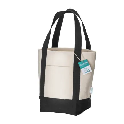 Geantă de cumpărături mini, confecționată din bumbac reciclat de 340 g/m², cu mânere și bază colorate. GRS – cu logo-ul firmei