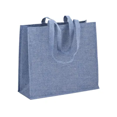 Pungă de cumpărături din bumbac reciclat de 120 g/m², cu strat interior din PP, mânere lungi și pliu de lărgire – cu logo-ul firmei
