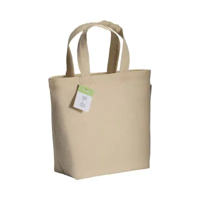 Geantă de cumpărături din bumbac organic, cu mânere scurte și pliu de întărire în partea de jos – cu logo-ul firmei