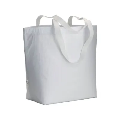 Pungă de cumpărături laminată din PET reciclat (R-PET), cu pliu la bază și mânere lungi din poliester – cu logo-ul firmei