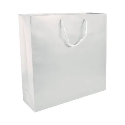 Pungă de cumpărături din hârtie laminată mată de 157 g/m², cu pliu lateral și întărire la bază – cu logo-ul firmei