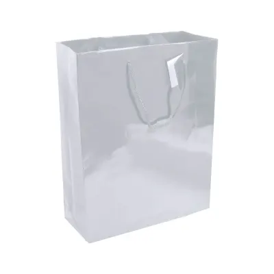Pungă de cumpărături din hârtie laminată de 157 g/m², cu pliu lateral și întărire la bază, cu mânere din sfoară – cu logo-ul firmei