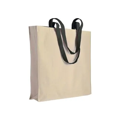 Pungă de cumpărături din bumbac natural, de 220 g/m², cu mânere lungi colorate și pliu lateral – cu logo-ul firmei