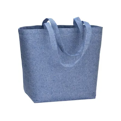 Pungă de cumpărături din bumbac reciclat de 120 g/m², cu strat interior din PP, mânere lungi și pliu de lărgire din poliester – cu logo-ul firmei