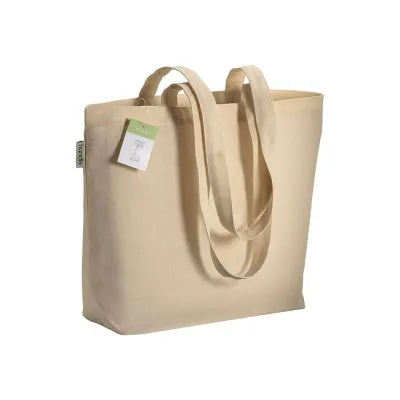 Geantă de cumpărături din bumbac organic, cu mânere lungi și întăritură la bază 120 g/m² – cu logo-ul firmei