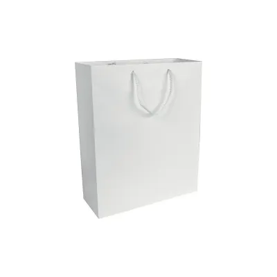 Pungă de cumpărături din hârtie laminată mată de 157 g/m², cu pliu lateral și întărire la bază – cu logo-ul firmei
