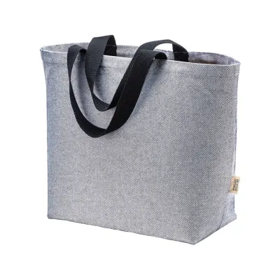 Geantă din bumbac reciclat, 340 g/m², cu efect melanj. Mânere lungi colorate și pliu lateral – cu logo-ul firmei