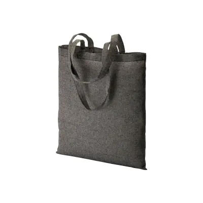 Pungă de cumpărături din bumbac reciclat, 150 g/m², cu efect melanj, cu mânere lungi – cu logo-ul firmei