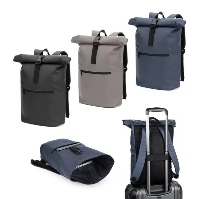 Rucsac cu închidere rulată din PU, cu buzunar pentru laptop de 16" Portland – cu logo-ul firmei
