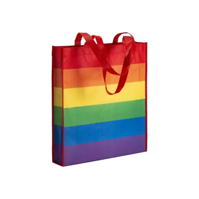 Pungă de cumpărături R-pet „Rainbow” de 80 g/m², cu mânere lungi și pliu lateral – cu logo-ul firmei
