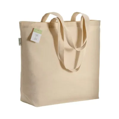 Geantă de cumpărături din bumbac organic, cu mânere lungi și întăritură la bază – cu logo-ul firmei
