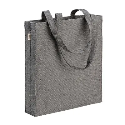 Geantă de cumpărături din bumbac reciclat, 300 g/m², cu efect melanj. Mânere lungi și pliu lateral – cu logo-ul firmei