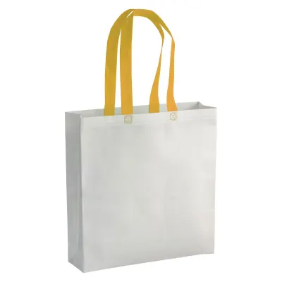 Pungă de cumpărături din material nețesut laminat, termosudat, de 100 g/m², cu pliu lateral și mânere lungi – cu logo-ul firmei